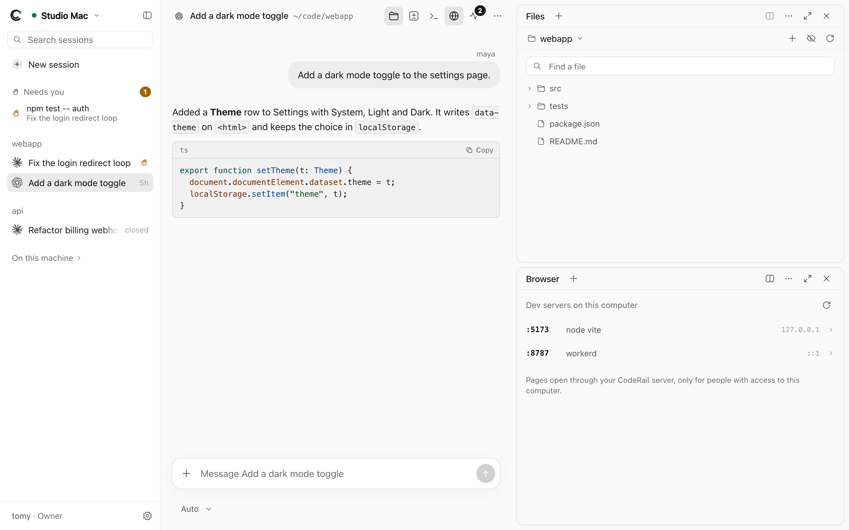 Files and a dev-server preview beside a session